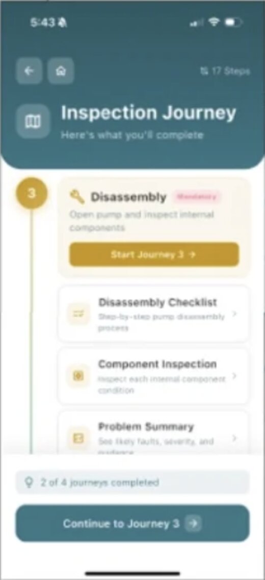 App screen: Inspection Journey, with Disassembly as journey 3