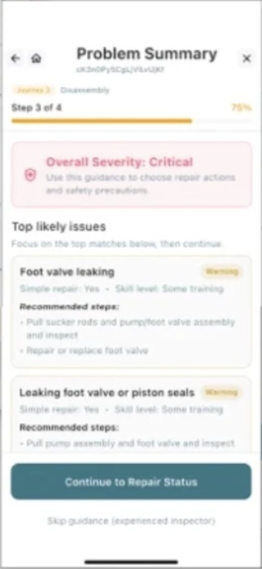 App screen: Problem Summary listing likely issues such as a leaking foot valve, with repair steps