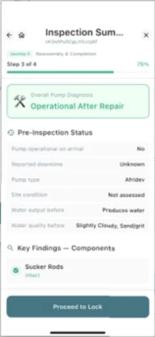 App screen: Inspection Summary showing the pump as Operational After Repair